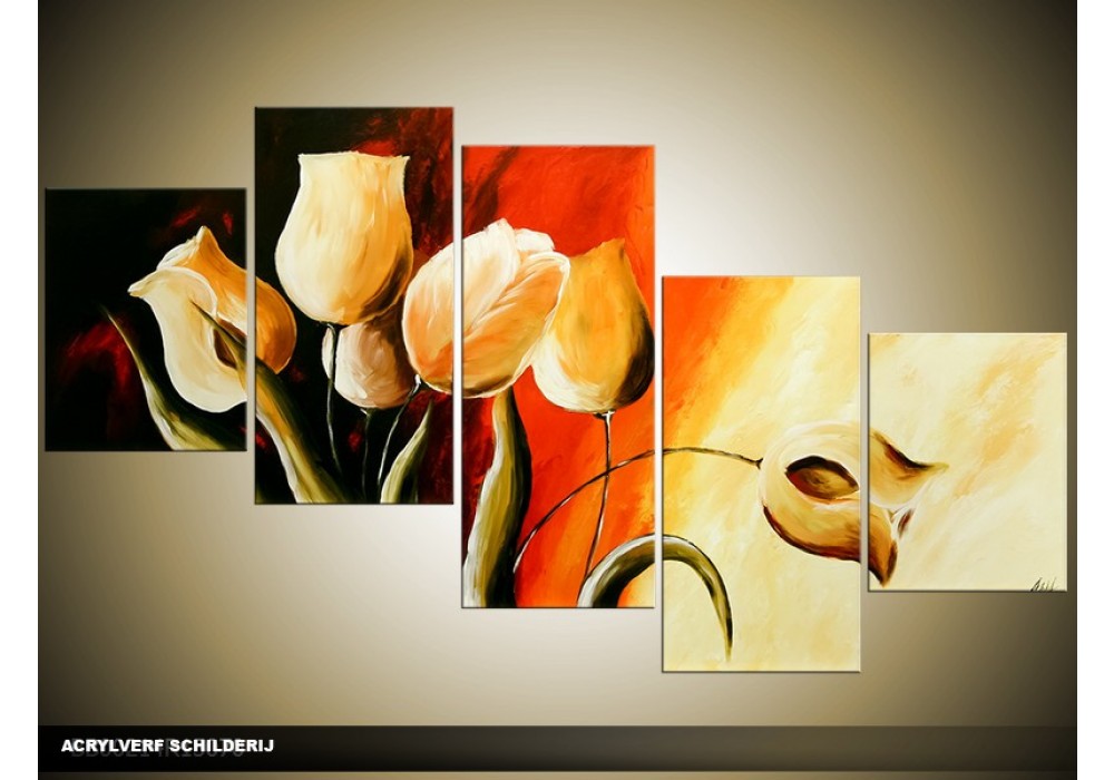 Acryl Schilderij Tulpen | Rood, Bruin, Geel | 150x70cm