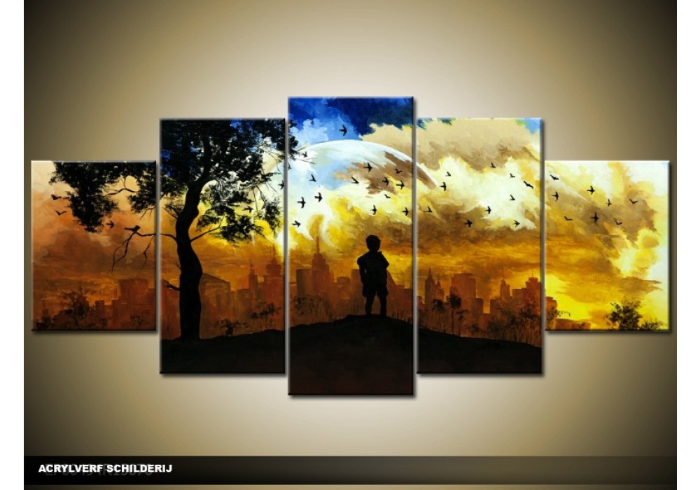 Acryl Schilderij Natuur | Zwart, Geel, Blauw | 150x70cm