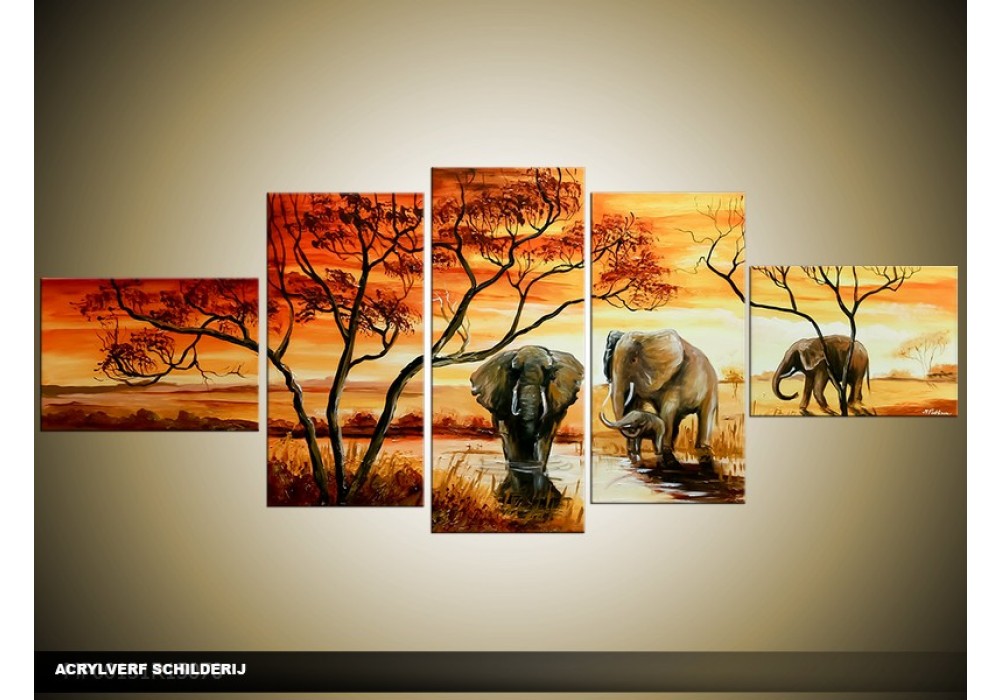 Acryl Schilderij Olifant | Bruin, Oranje, Crème