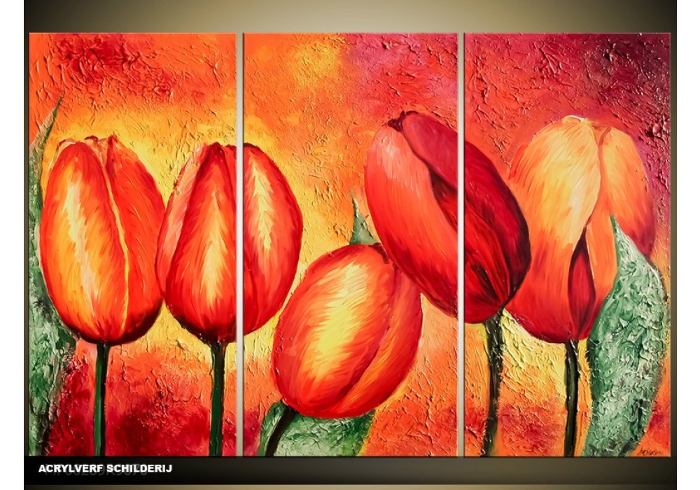 knijpen Eeuwigdurend Raap Acryl Schilderij Tulp | Rood, Oranje, Geel | 120x80cm