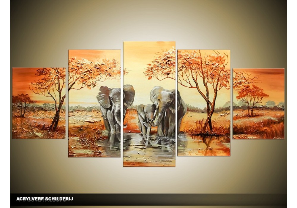 Acryl Schilderij Olifant | Bruin, Crème | 150x70cm