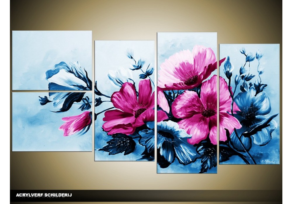 Nieuw Acryl Schilderij Bloemen | Blauw, Roze | 130x70cm 5Luik JC-45
