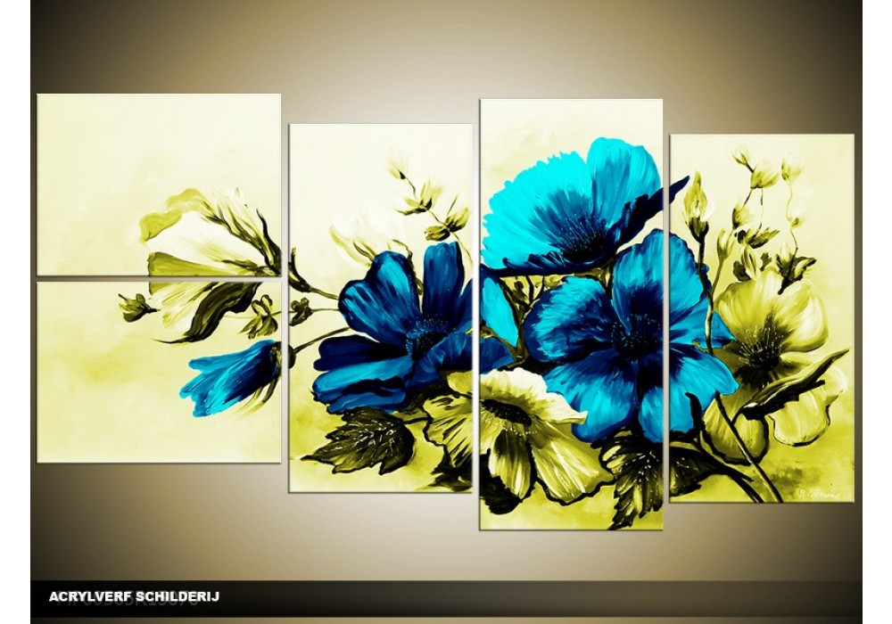 Acryl Bloemen | Blauw, Groen | 130x70cm