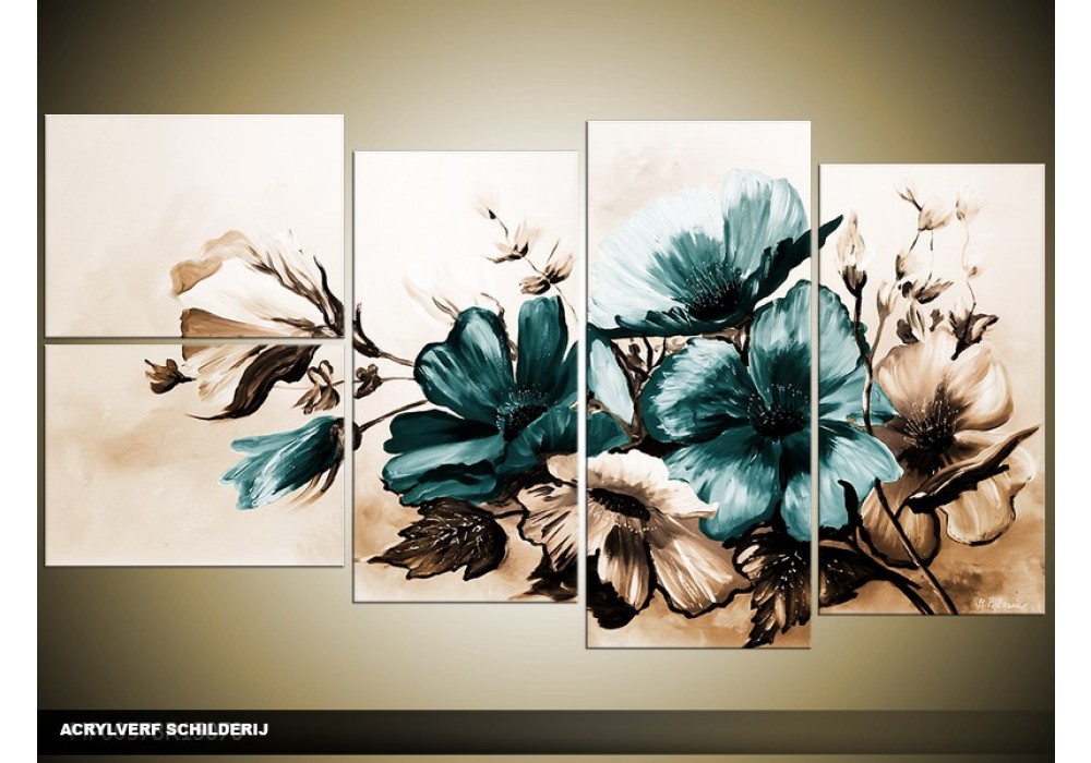 Schilderij Bloemen | Bruin, Turquoise 130x70cm