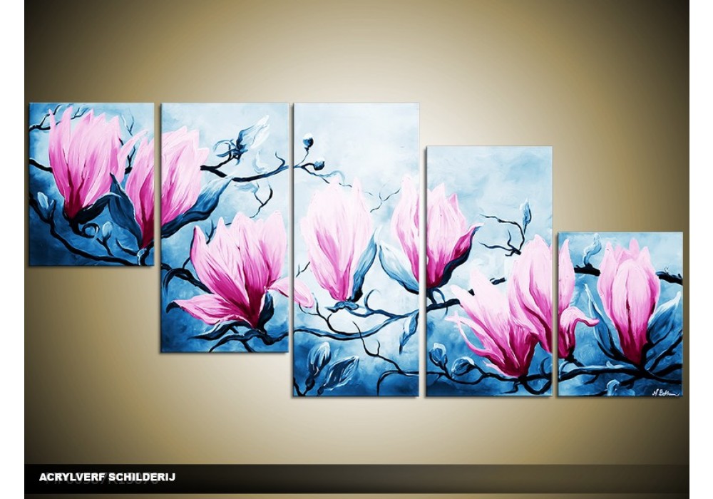 Bediening mogelijk Purper willekeurig Acryl Schilderij Magnolia | Blauw, Roze | 150x70cm