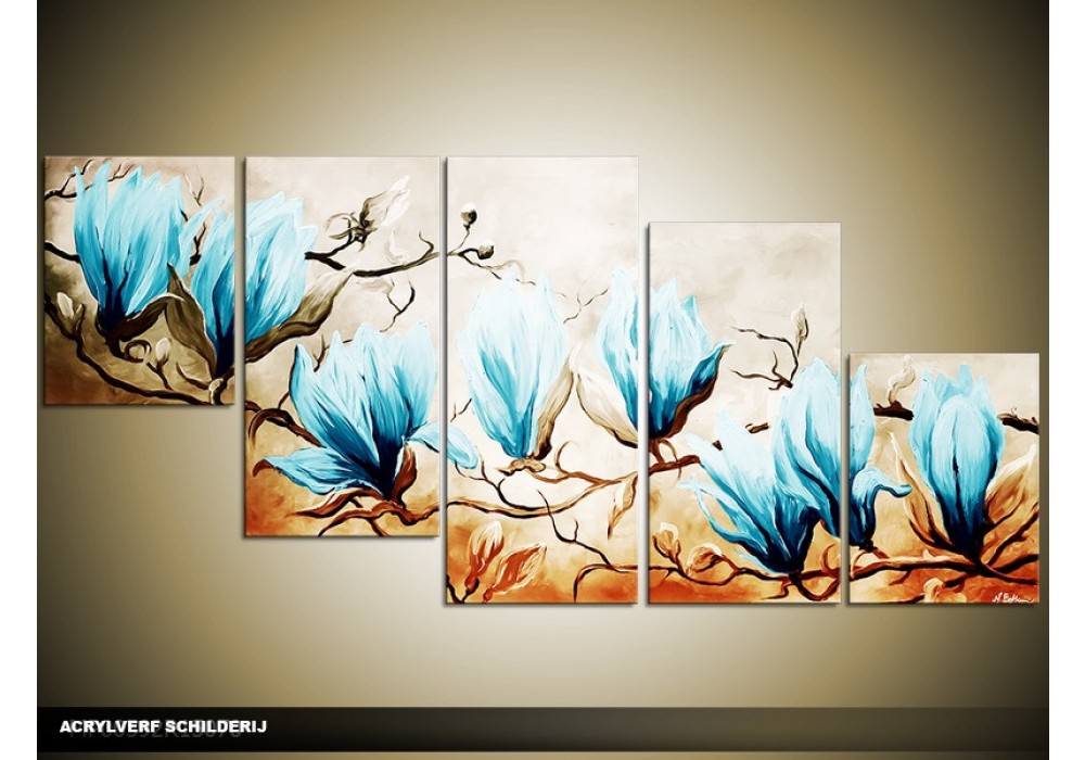 Vleien Dicteren doel Acryl Schilderij Magnolia | Blauw, Bruin | 150x70cm