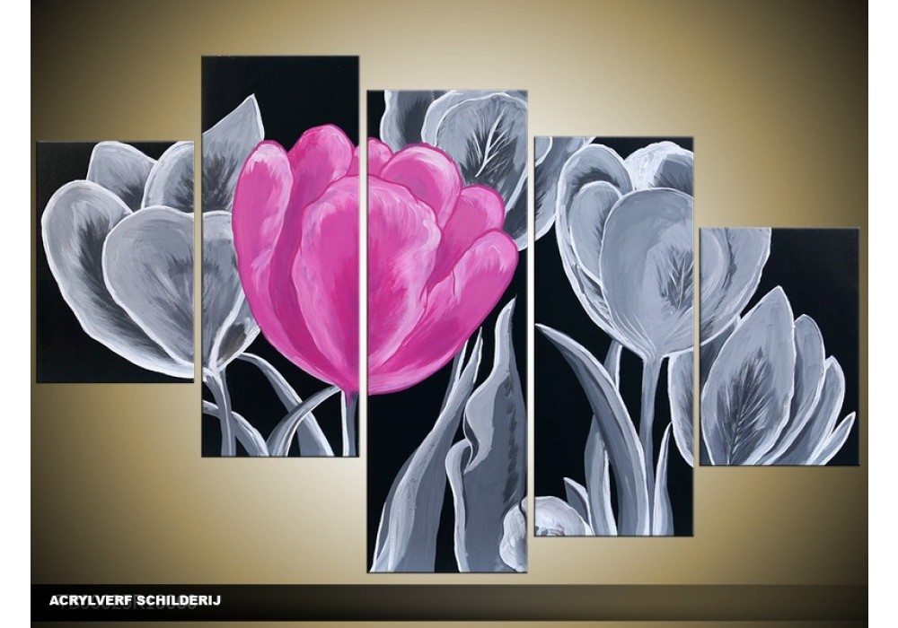 Acryl Schilderij Tulp | Roze, Grijs, Zwart | 100x60cm