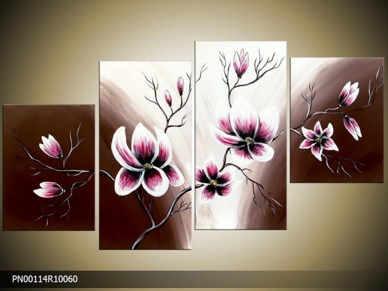 Acryl Schilderij Magnolia | Bruin, Crème, Roze | 120x65cm 4Luik Handgeschilderd