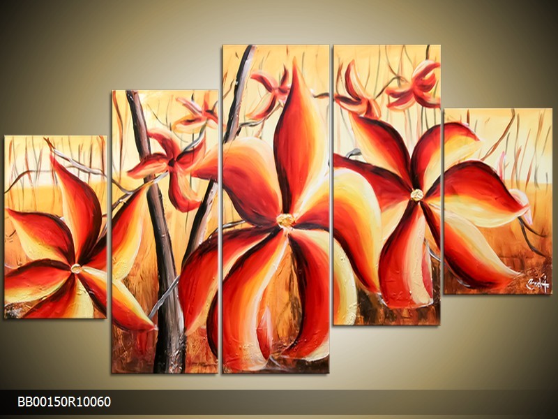Acryl Schilderij Modern | Rood, Oranje | 150x70cm 5Luik Handgeschilderd