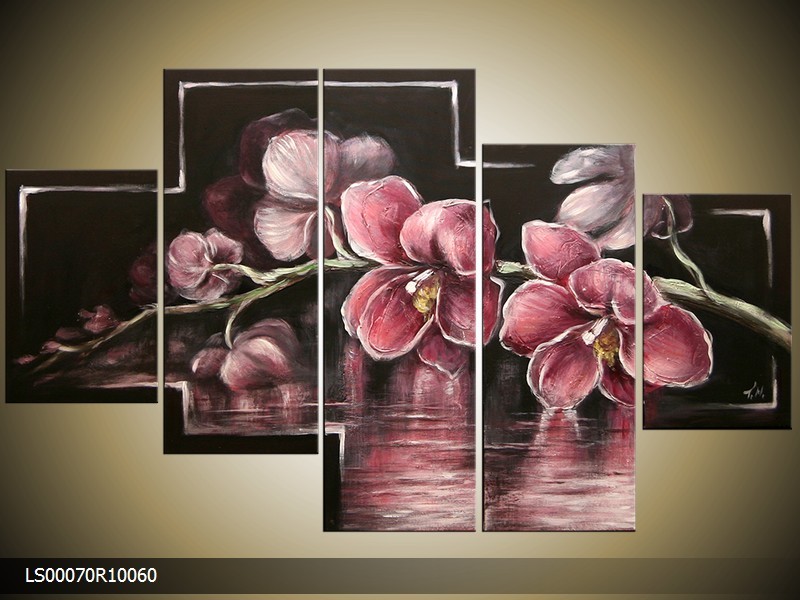 Acryl Schilderij Orchidee | Roze, Zwart | 150x70cm 5Luik Handgeschilderd