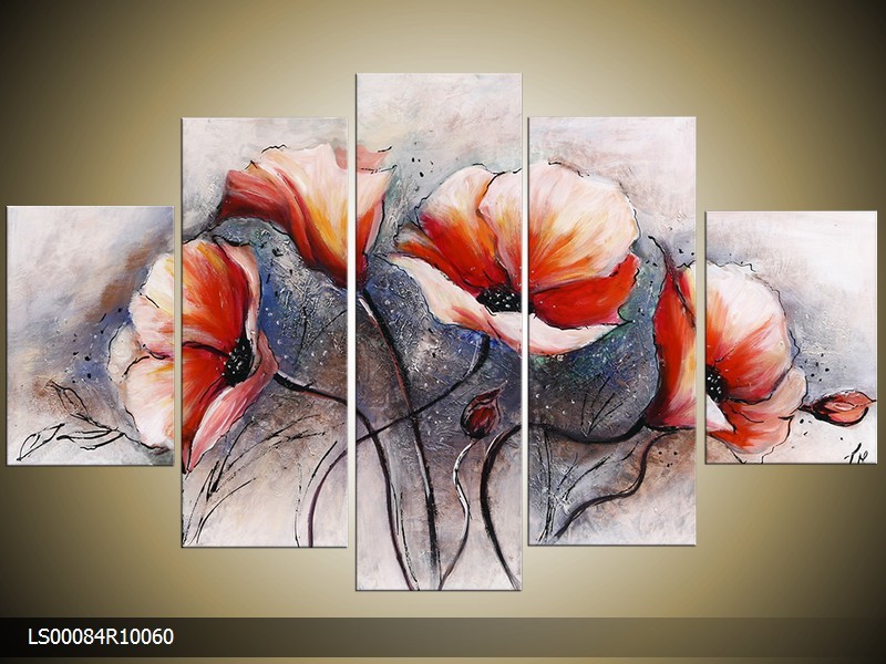 Acryl Schilderij Klaproos | Oranje, Grijs | 150x70cm 5Luik Handgeschilderd