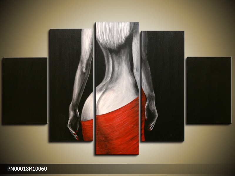 Acryl Schilderij Kunst, Sexy | Zwart, Rood, Grijs | 150x70cm 5Luik Handgeschilderd