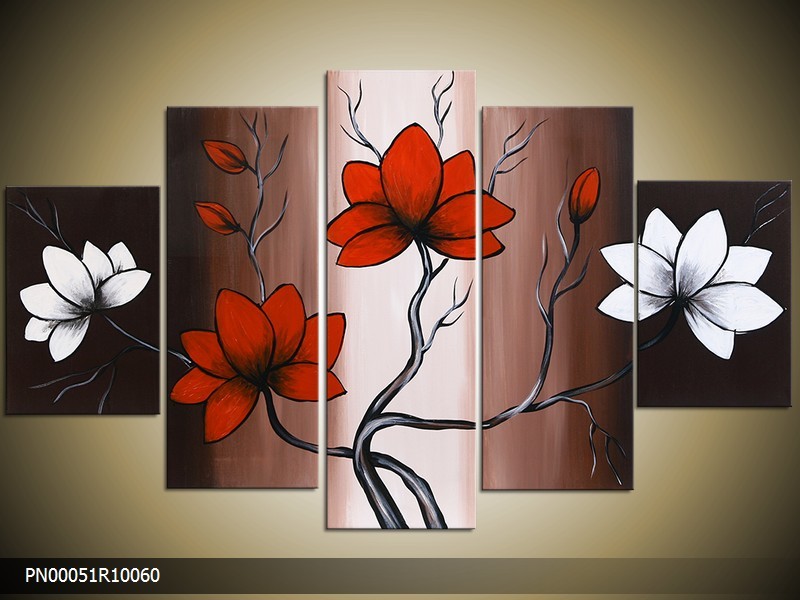 Acryl Schilderij Magnolia | Rood, Wit, Bruin | 150x70cm 5Luik Handgeschilderd