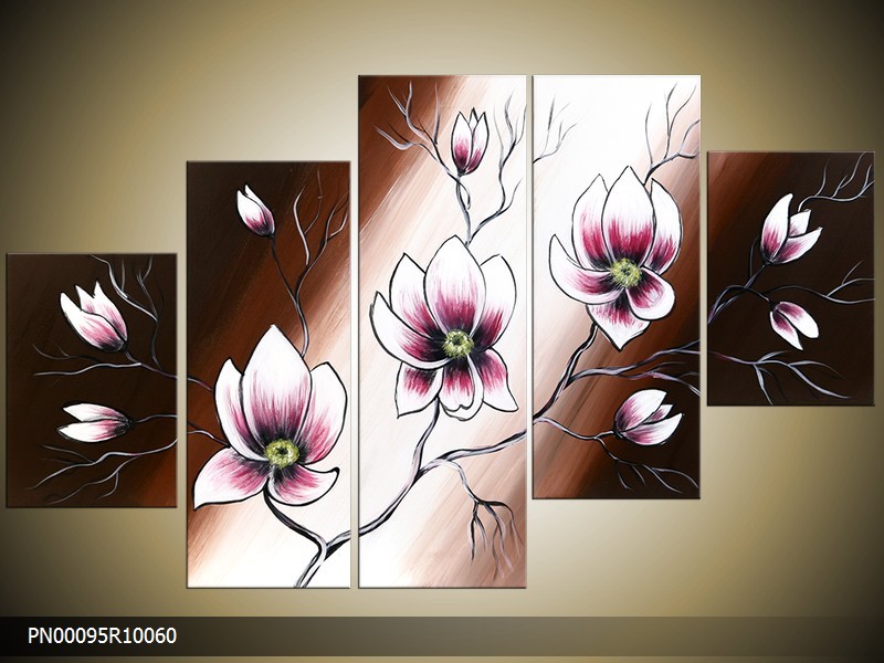 Acryl Schilderij Magnolia | Bruin, Crème, Paars | 150x70cm 5Luik Handgeschilderd