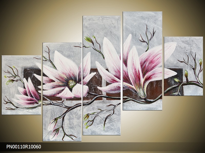Acryl Schilderij Magnolia | Grijs, Roze | 150x70cm 5Luik Handgeschilderd