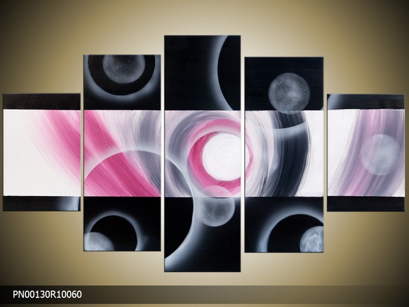 Acryl Schilderij Modern | Roze, Wit, Zwart | 150x70cm 5Luik Handgeschilderd