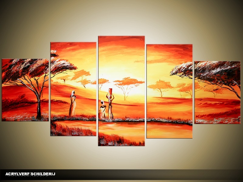 Acryl Schilderij Afrika | Oranje, Rood | 150x70cm 5Luik Handgeschilderd
