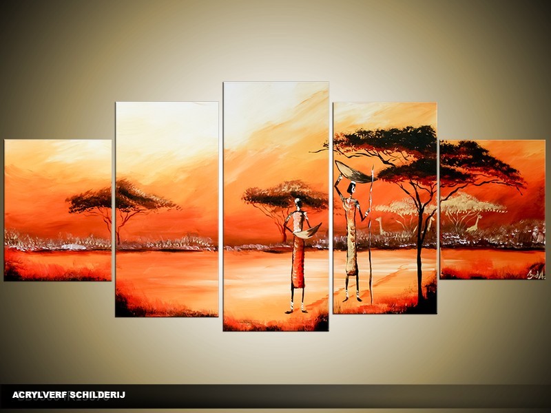 Acryl Schilderij Afrika | Oranje, Rood | 150x70cm 5Luik Handgeschilderd