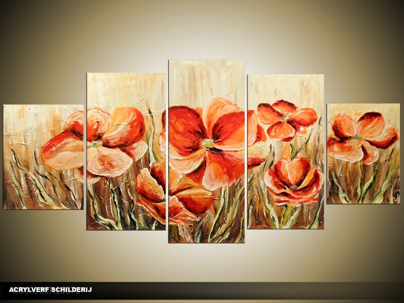 Acryl Schilderij Klaproos | Oranje, Rood | 150x70cm 5Luik Handgeschilderd