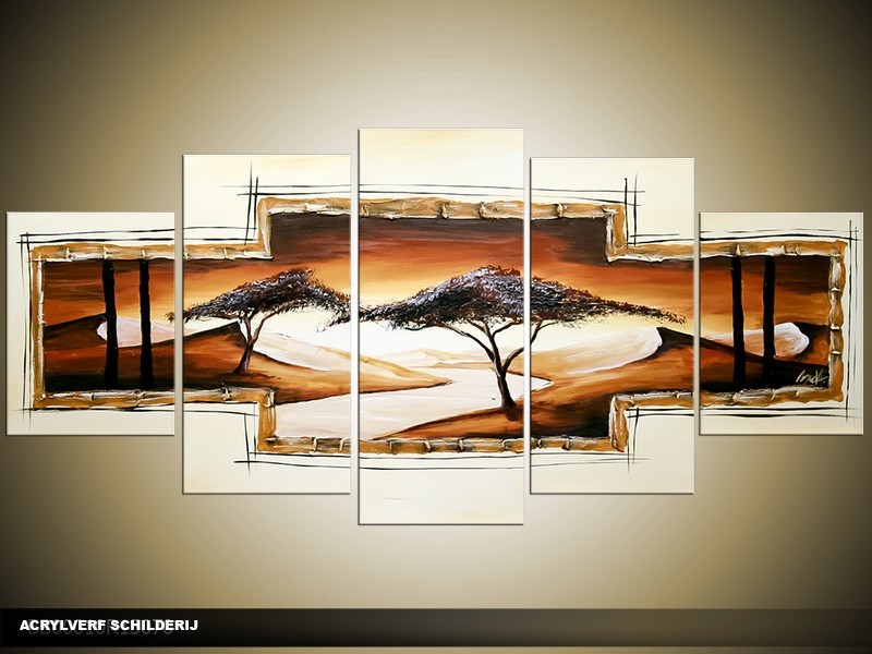 Acryl Schilderij Natuur | Wit, Bruin | 150x70cm 5Luik Handgeschilderd