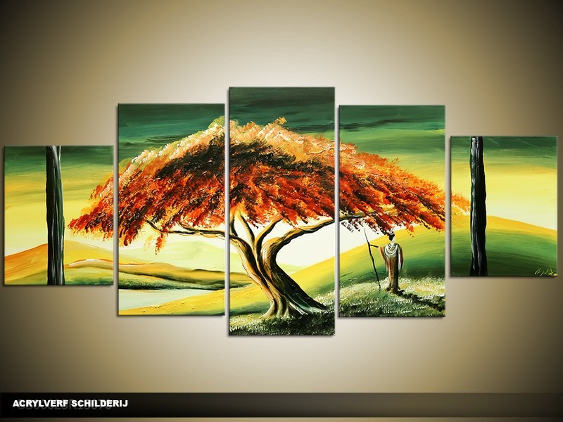 Acryl Schilderij Natuur | Bruin, Groen, Geel | 150x70cm 5Luik Handgeschilderd
