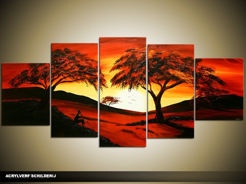 Acryl Schilderij Boom | Rood, Oranje, Zwart | 150x70cm 5Luik Handgeschilderd