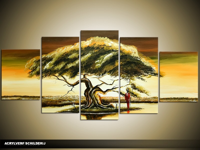 Acryl Schilderij Natuur | Bruin, Geel, Crème | 150x70cm 5Luik Handgeschilderd