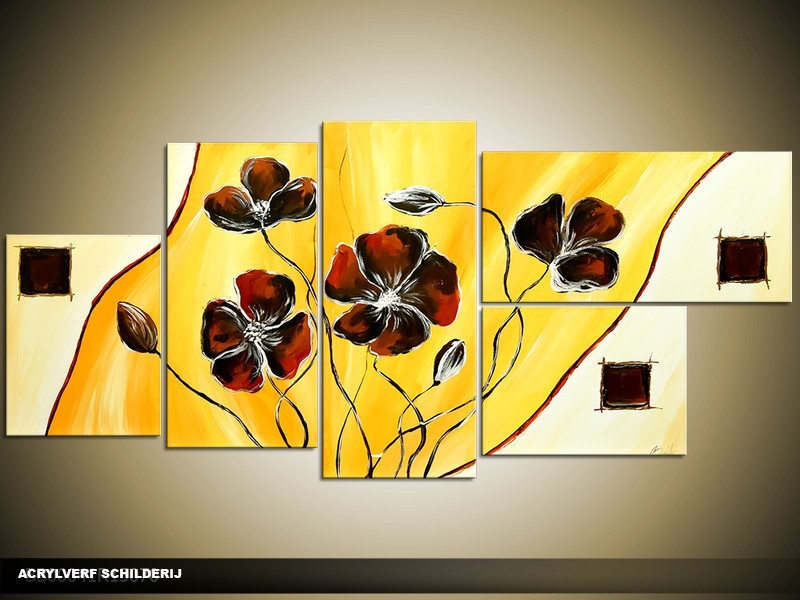 Acryl Schilderij Klaproos | Geel, Crème | 150x70cm 5Luik Handgeschilderd