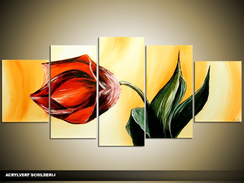 Acryl Schilderij Tulp | Geel, Rood | 150x70cm 5Luik Handgeschilderd