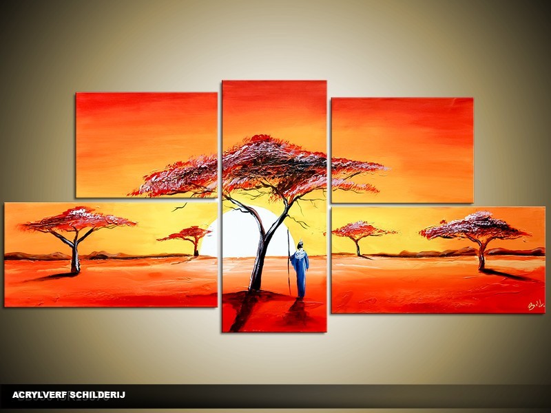 Acryl Schilderij Afrika | Oranje, Geel | 150x70cm 5Luik Handgeschilderd