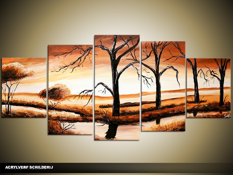 Acryl Schilderij Natuur | Bruin, Crème | 150x70cm 5Luik Handgeschilderd