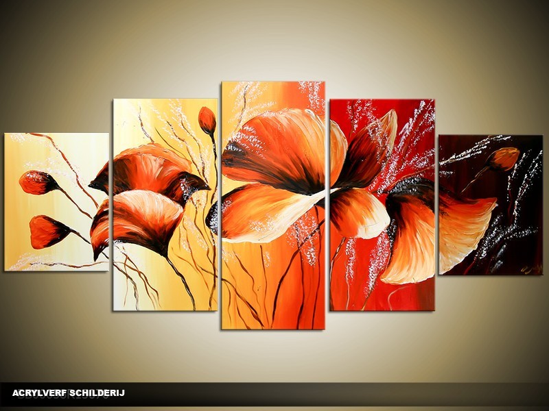 Acryl Schilderij Klaproos | Rood, Geel, Oranje | 150x70cm 5Luik Handgeschilderd