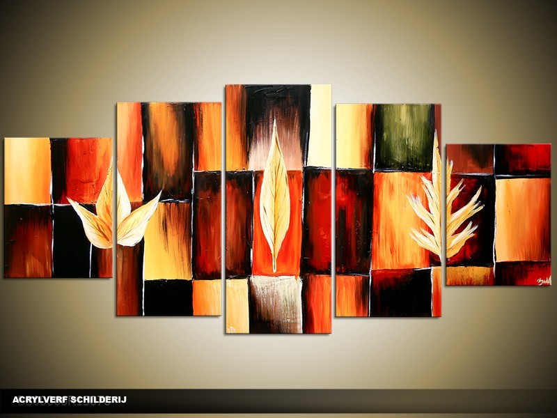 Acryl Schilderij Modern | Geel, Rood, Oranje | 150x70cm 5Luik Handgeschilderd