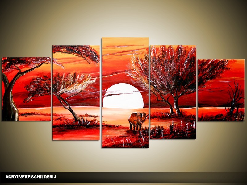 Acryl Schilderij Zonsondergang | Rood, Oranje | 150x70cm 5Luik Handgeschilderd