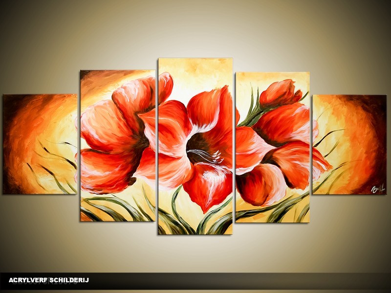 Acryl Schilderij Magnolia | Rood, Geel, Oranje | 150x70cm 5Luik Handgeschilderd