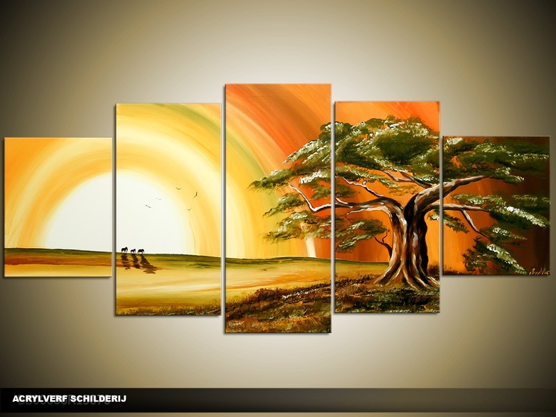 Acryl Schilderij Zonsondergang | Geel, Bruin, Groen | 150x70cm 5Luik Handgeschilderd