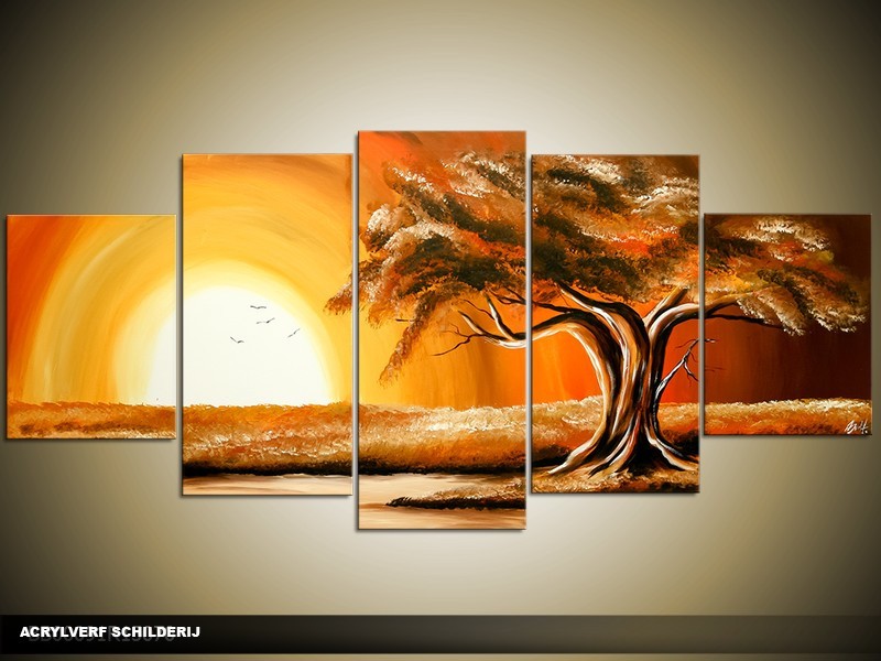 Acryl Schilderij Zonsondergang | Bruin, Geel, Oranje | 150x70cm 5Luik Handgeschilderd
