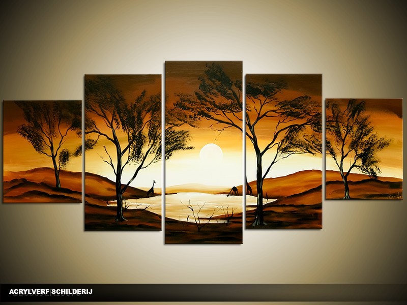 Acryl Schilderij Zonsondergang | Bruin, Geel, Crème | 150x70cm 5Luik Handgeschilderd