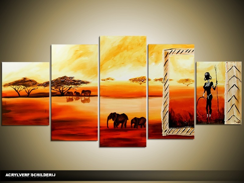 Acryl Schilderij Afrika | Rood, Oranje, Geel | 150x70cm 5Luik Handgeschilderd