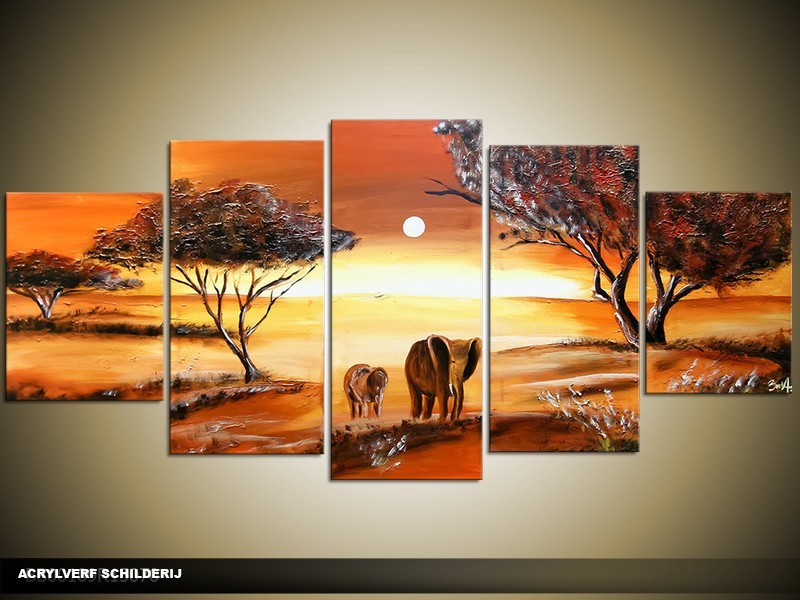 Acryl Schilderij Afrika | Bruin, Oranje | 150x70cm 5Luik Handgeschilderd