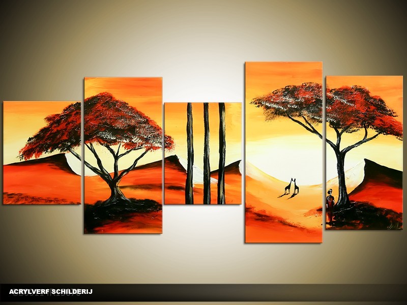 Acryl Schilderij Natuur | Rood, Geel, Oranje | 150x70cm 5Luik Handgeschilderd