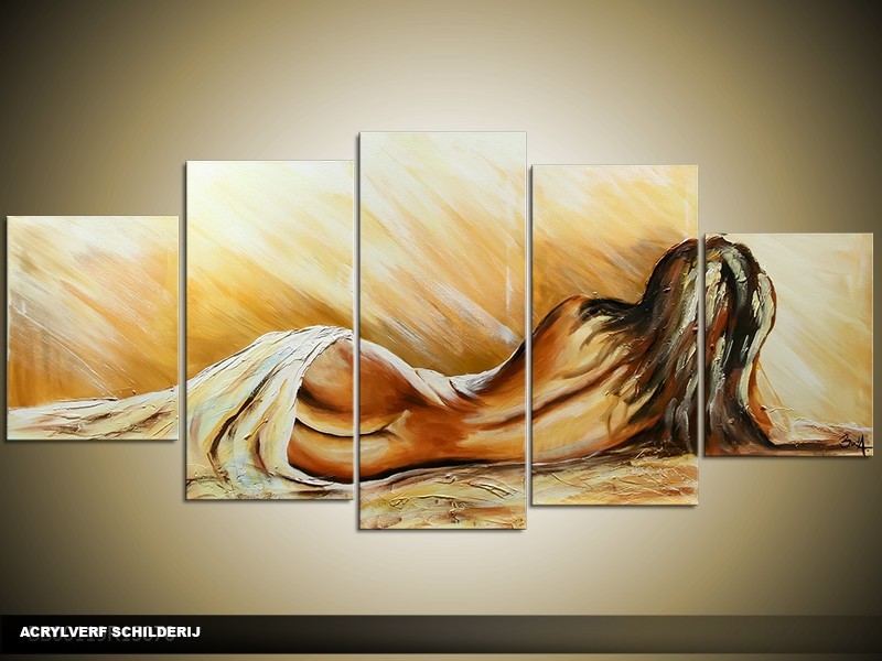 Acryl Schilderij Art | Bruin, Crème | 150x70cm 5Luik Handgeschilderd