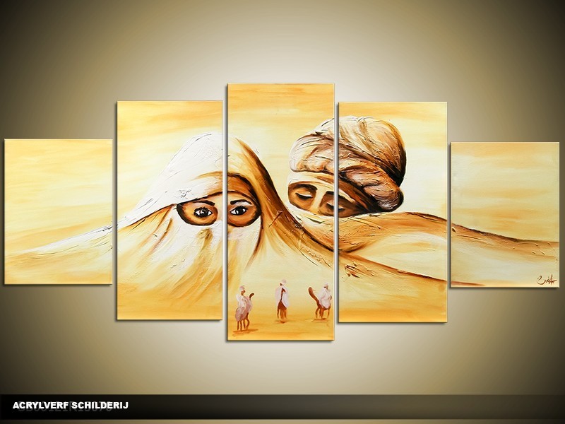 Acryl Schilderij Afrika | Geel, Bruin | 150x70cm 5Luik Handgeschilderd