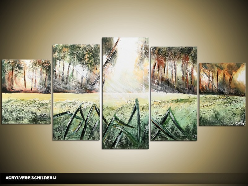 Acryl Schilderij Natuur | Groen, Crème | 150x70cm 5Luik Handgeschilderd