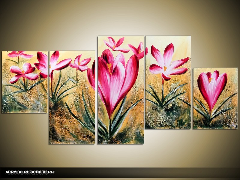 Acryl Schilderij Krokus | Roze, Crème | 150x70cm 5Luik Handgeschilderd