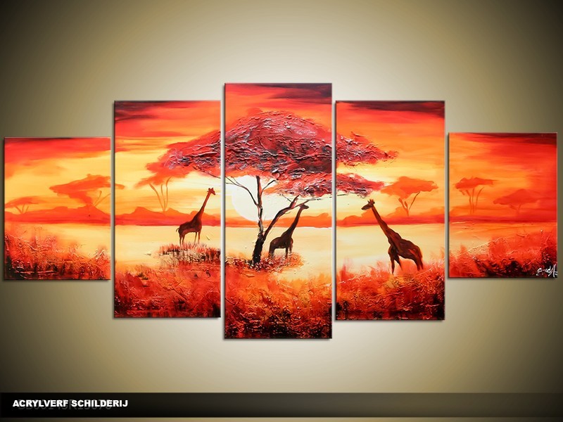 Acryl Schilderij Afrika | Rood, Oranje | 150x70cm 5Luik Handgeschilderd