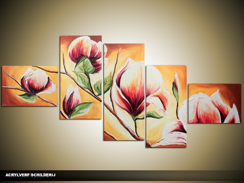 Acryl Schilderij Magnolia | Bruin, Crème | 170x70cm 5Luik Handgeschilderd