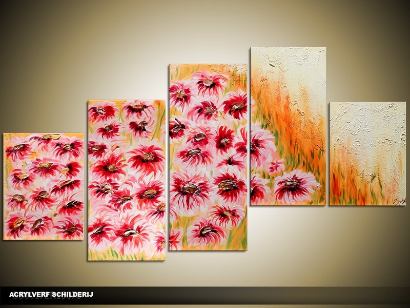 Acryl Schilderij Modern | Roze, Oranje, Crème | 150x70cm 5Luik Handgeschilderd