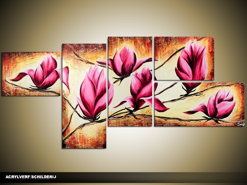 Acryl Schilderij Magnolia | Bruin, Crème, Roze | 160x70cm 5Luik Handgeschilderd