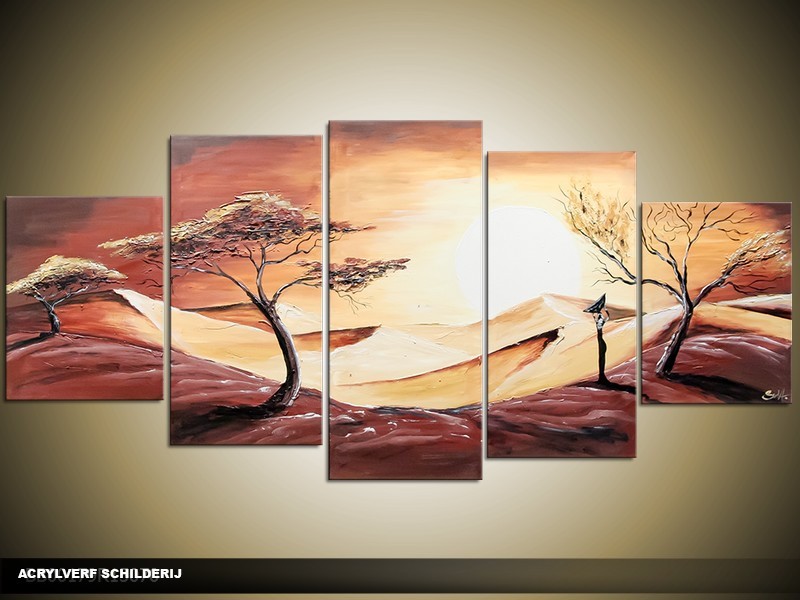 Acryl Schilderij Zonsondergang | Bruin, Crème | 150x70cm 5Luik Handgeschilderd